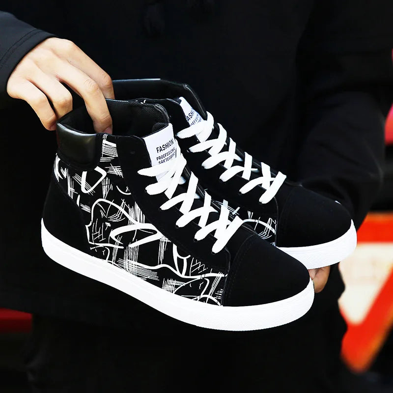High Top Flat Bottom Black Vulcanized Men's Shoes