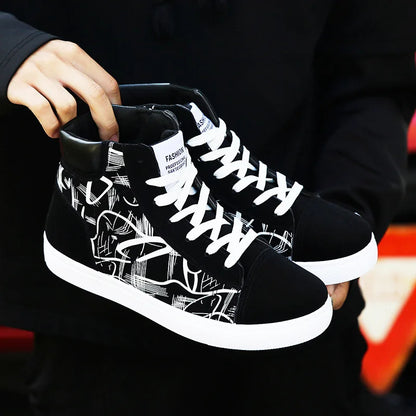 High Top Flat Bottom Black Vulcanized Men's Shoes