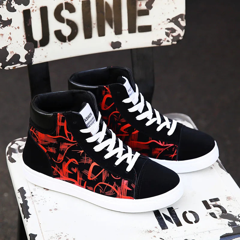 High Top Flat Bottom Black Vulcanized Men's Shoes