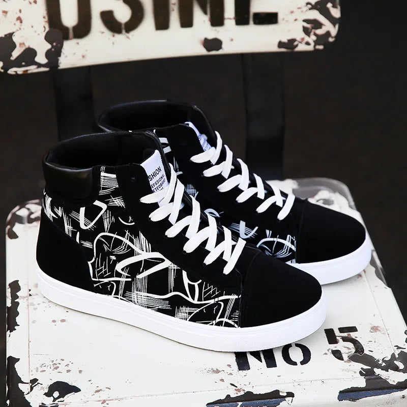 High Top Flat Bottom Black Vulcanized Men's Shoes