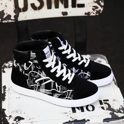 High Top Flat Bottom Black Vulcanized Men's Shoes