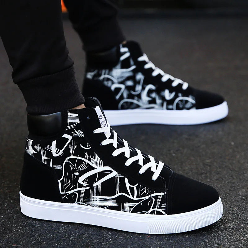 High Top Flat Bottom Black Vulcanized Men's Shoes