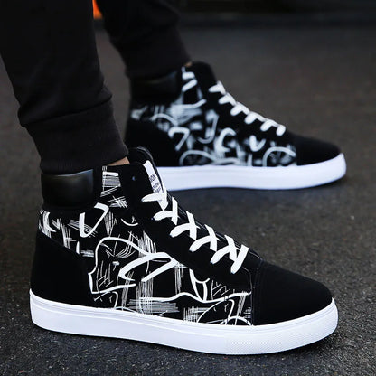 High Top Flat Bottom Black Vulcanized Men's Shoes