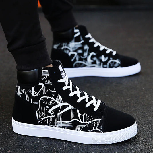 High Top Flat Bottom Black Vulcanized Men's Shoes