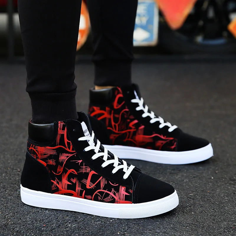 High Top Flat Bottom Black Vulcanized Men's Shoes